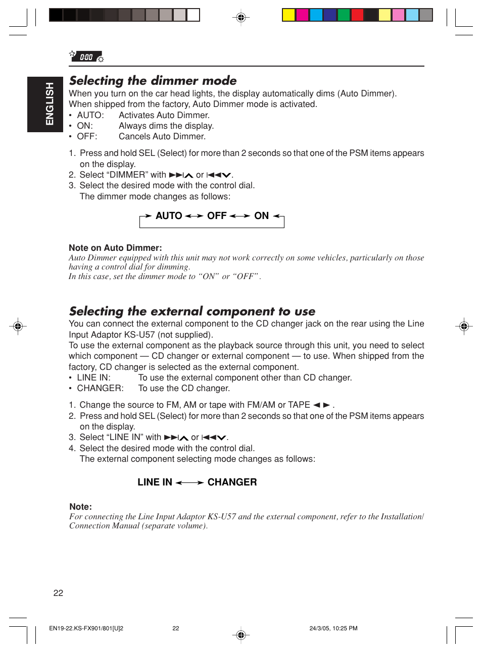 Selecting the dimmer mode, Selecting the external component to use | JVC KS-FX90 User Manual | Page 22 / 38