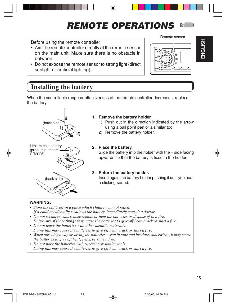 Remote operations, Installing the battery | JVC KS-FX90 User Manual | Page 25 / 38