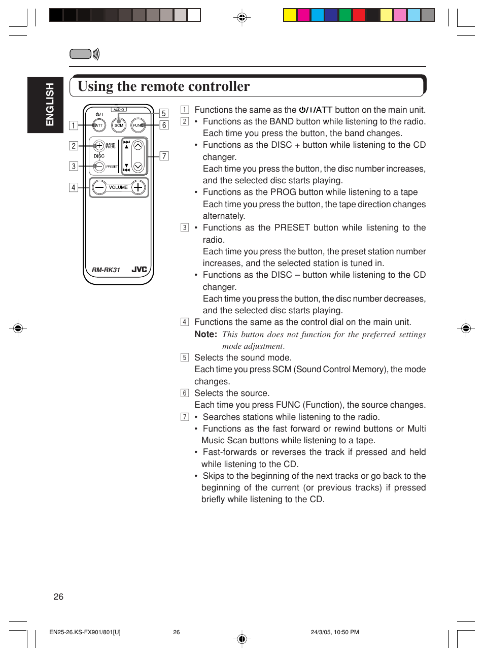 Using the remote controller | JVC KS-FX90 User Manual | Page 26 / 38