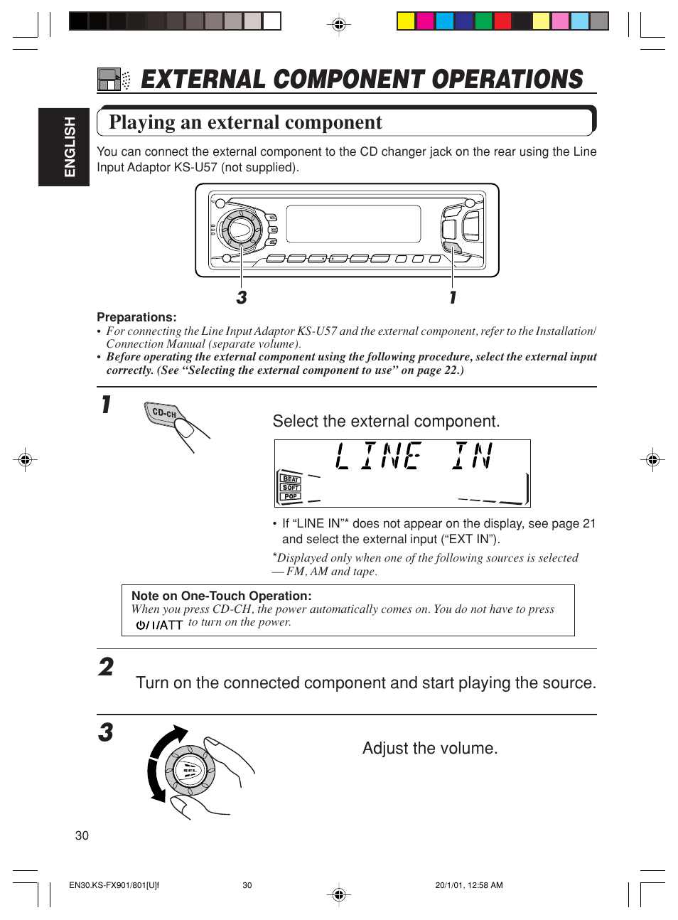 External component operations, Playing an external component | JVC KS-FX90 User Manual | Page 30 / 38