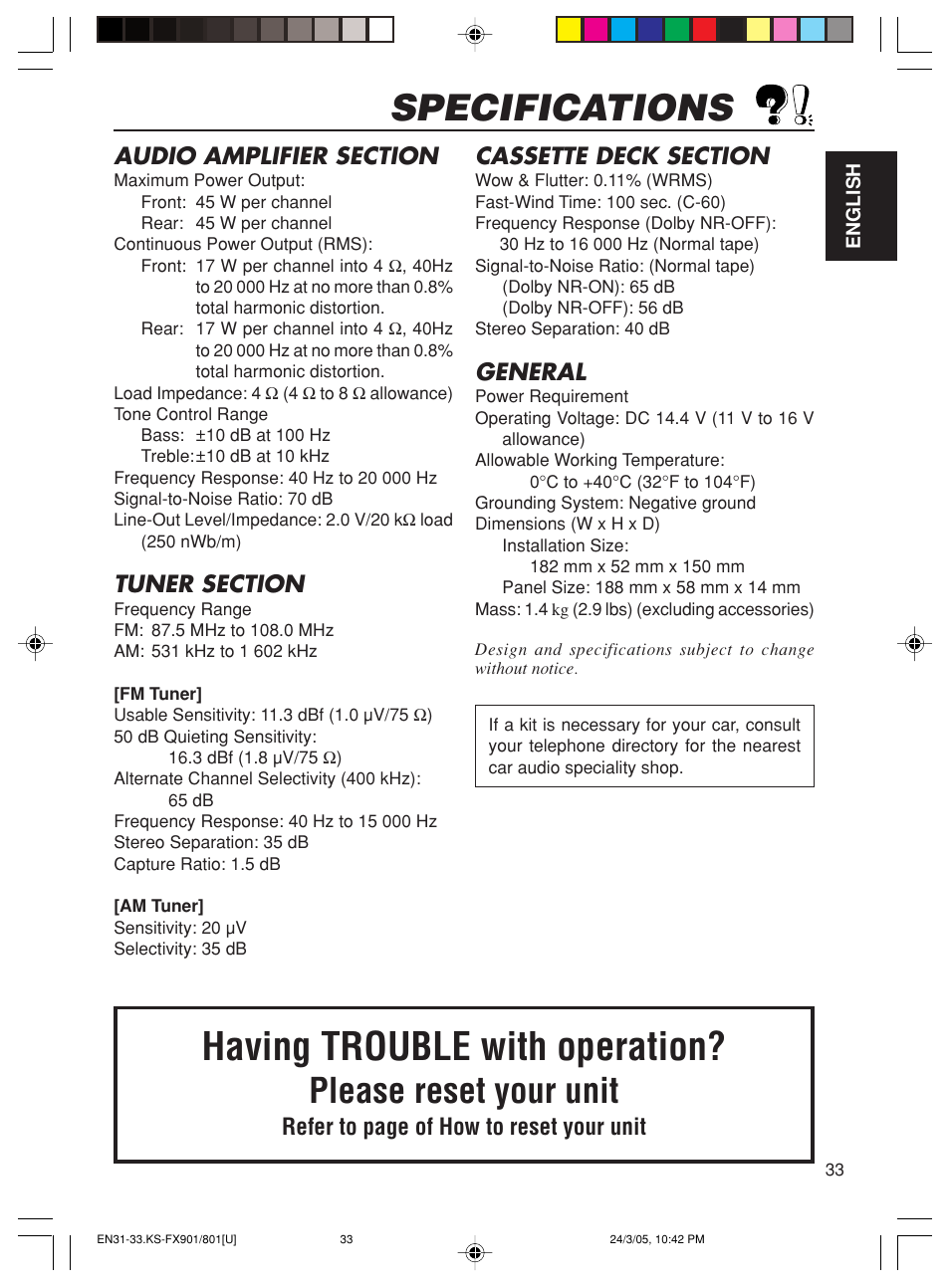 Specifications, Having trouble with operation, Please reset your unit | General, Refer to page of how to reset your unit | JVC KS-FX90 User Manual | Page 33 / 38