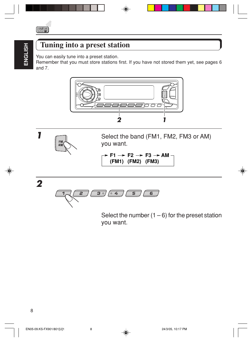 Tuning into a preset station | JVC KS-FX90 User Manual | Page 8 / 38