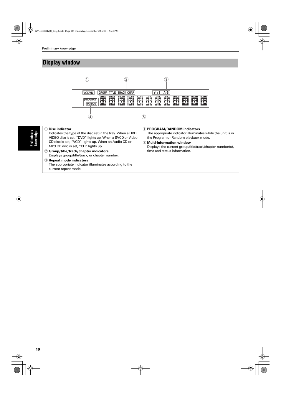 Display window | JVC XV-S402S FR User Manual | Page 12 / 63