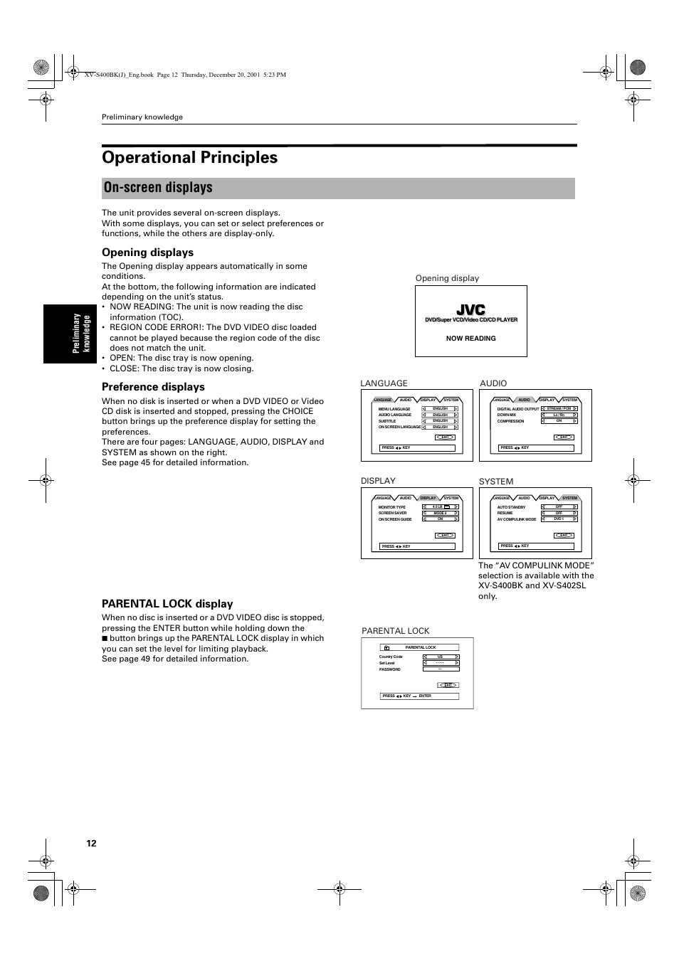 Operational principles, On-screen displays, Opening displays | Preference displays, Parental lock display, Preliminar y knowledge, Opening display, System, Parental lock, Display | JVC XV-S402S FR User Manual | Page 14 / 63