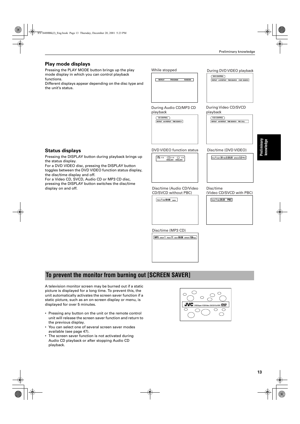 Play mode displays, Status displays | JVC XV-S402S FR User Manual | Page 15 / 63