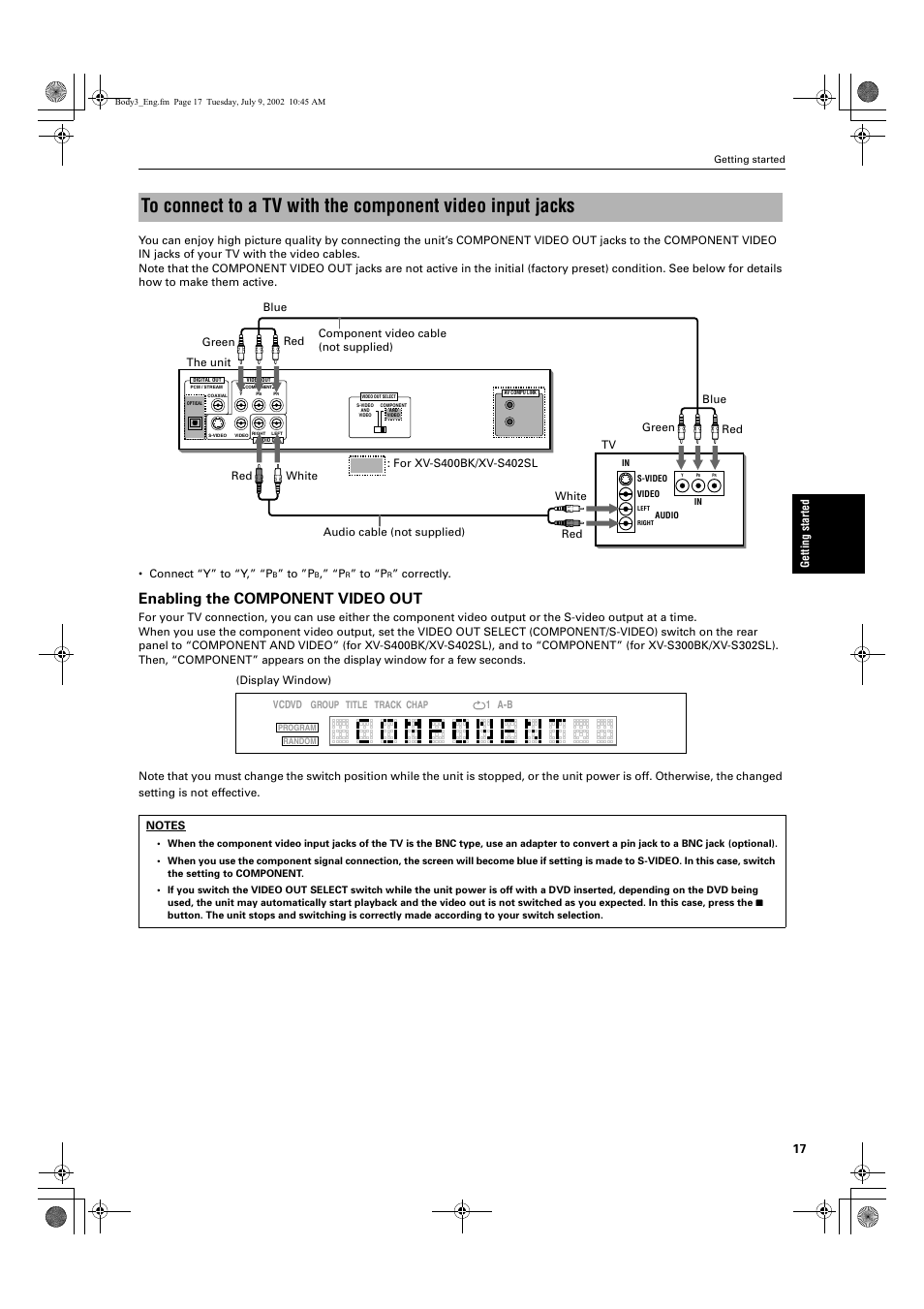 Enabling the component video out | JVC XV-S402S FR User Manual | Page 19 / 63