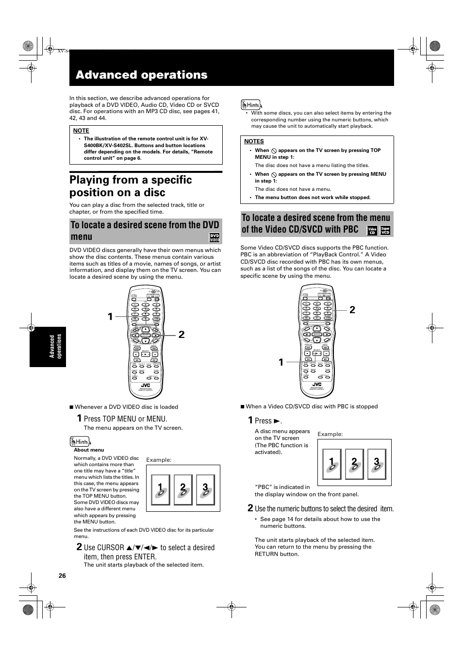 Playing from a specific position on a disc, Press top menu or menu, Press 3 | Use the numeric buttons to select the desired item, Advanced operations, The menu appears on the tv screen, The unit starts playback of the selected item, Example | JVC XV-S402S FR User Manual | Page 28 / 63