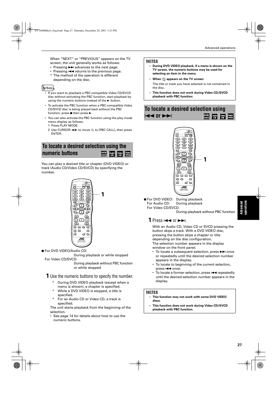 Use the numeric buttons to specify the number, Press 4 or, Advanced operations | JVC XV-S402S FR User Manual | Page 29 / 63