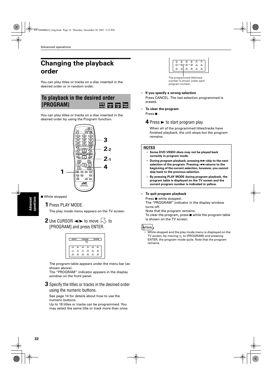 Changing the playback order, Press play mode, Press 3 to start program play | Advanced operations, The play mode menu appears on the tv screen | JVC XV-S402S FR User Manual | Page 34 / 63