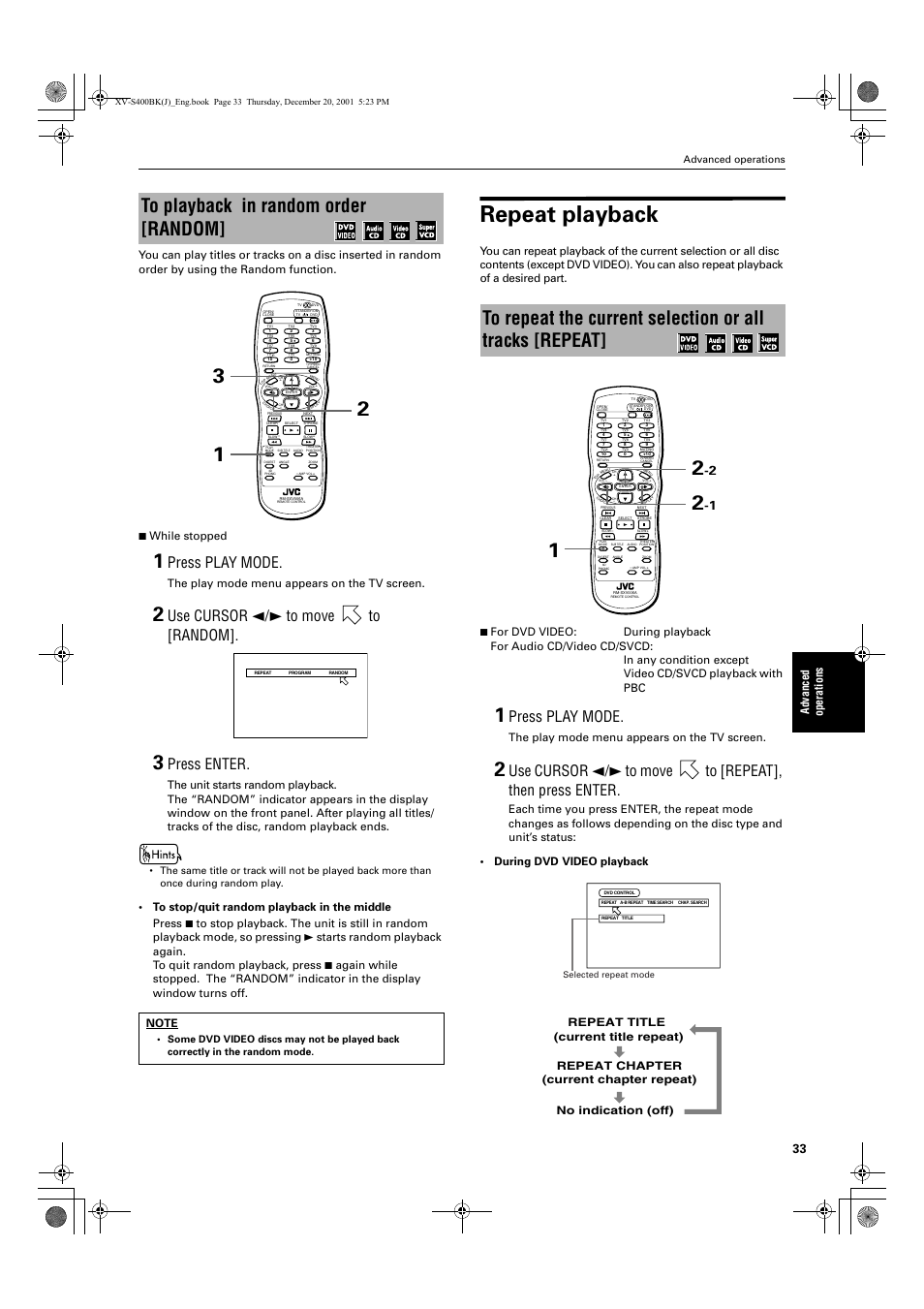 Repeat playback, Press play mode, Use cursor 2/3 to move to [random | Press enter, The play mode menu appears on the tv screen, Advanced operations | JVC XV-S402S FR User Manual | Page 35 / 63