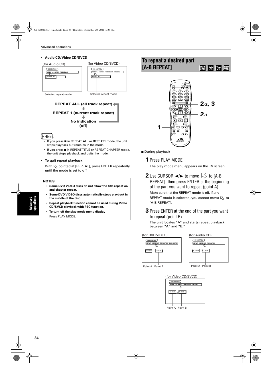 Press play mode, Advanced operations • audio cd/video cd/svcd, The play mode menu appears on the tv screen | For audio cd), For video cd/svcd), For dvd video) | JVC XV-S402S FR User Manual | Page 36 / 63