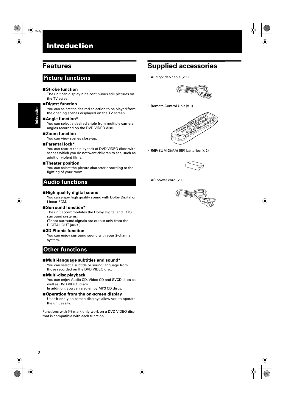 Introduction features, Supplied accessories, Picture functions audio functions other functions | 7 strobe function, 7 digest function, 7 angle function, 7 zoom function, 7 parental lock, 7 theater position, 7 high quality digital sound | JVC XV-S402S FR User Manual | Page 4 / 63