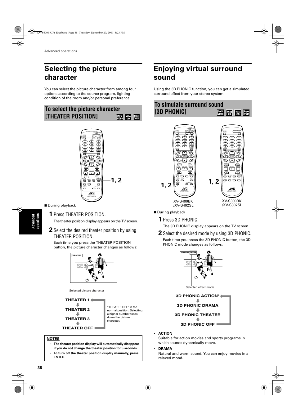 Selecting the picture character, Enjoying virtual surround sound, Press theater position | Press 3d phonic, Select the desired mode by using 3d phonic, The 3d phonic display appears on the tv screen, Theater 1 theater 2 theater 3 theater off, Advanced operations, Selected picture character, Selected effect mode | JVC XV-S402S FR User Manual | Page 40 / 63