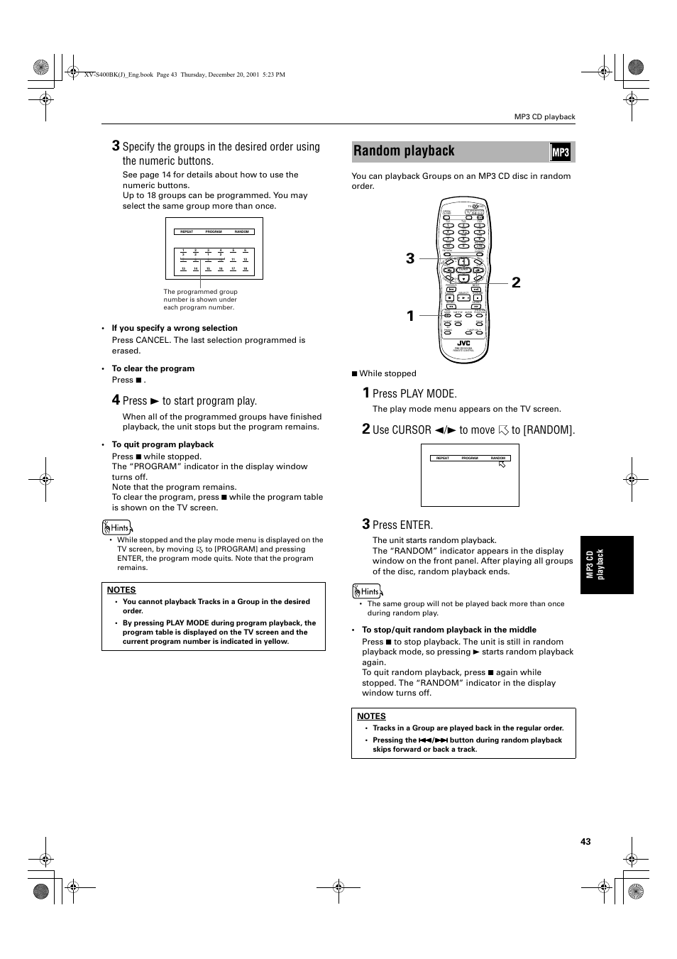 Random playback, Press 3 to start program play, Press play mode | Use cursor 2/3 to move to [random, Press enter, Mp3 cd playback, The play mode menu appears on the tv screen | JVC XV-S402S FR User Manual | Page 45 / 63