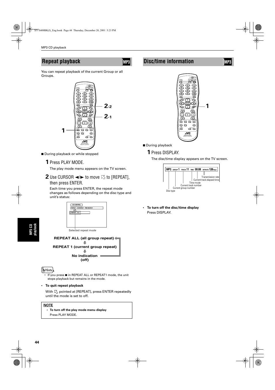 Repeat playback, Disc/time information, Press play mode | Press display, The play mode menu appears on the tv screen, Mp3 cd playback | JVC XV-S402S FR User Manual | Page 46 / 63