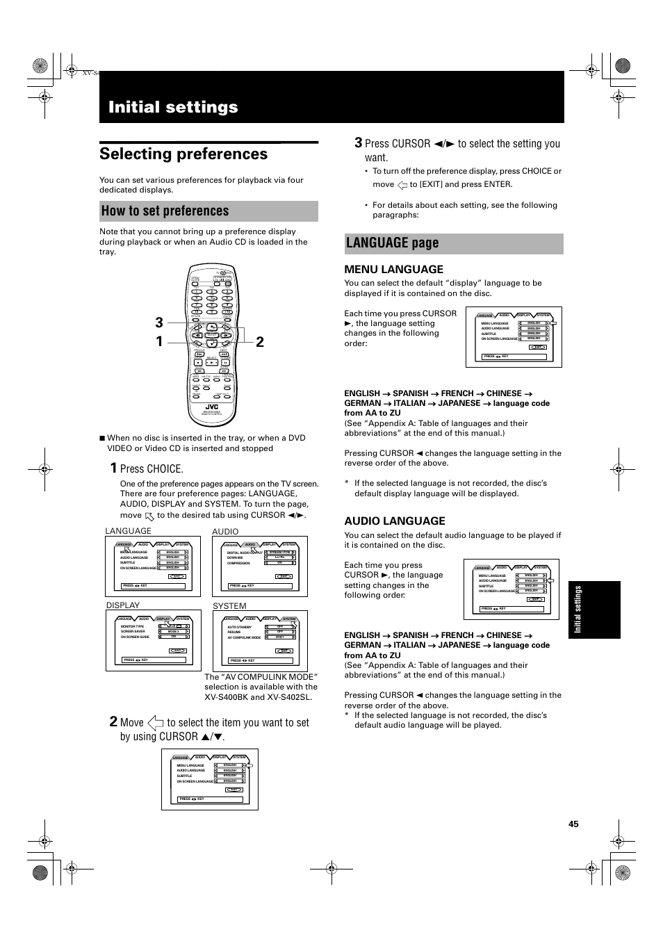 Initial settings selecting preferences, How to set preferences, Language page | Press choice, Press cursor 2/3 to select the setting you want, Menu language, Audio language, Language, Audio, Display | JVC XV-S402S FR User Manual | Page 47 / 63