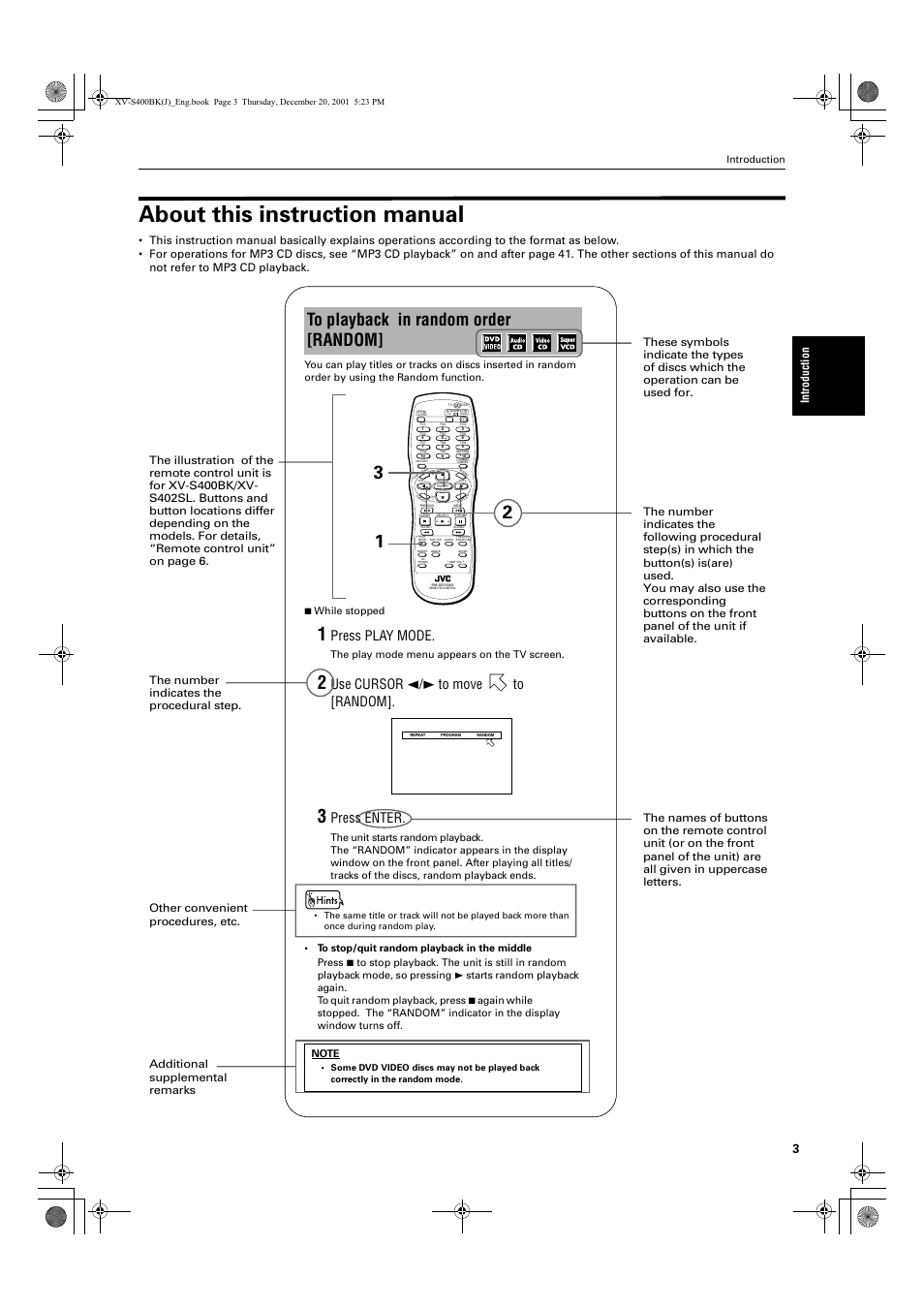 About this instruction manual, Press play mode, Use cursor 2/3 to move to [random | Press enter, Intro duction, Introduction, The play mode menu appears on the tv screen | JVC XV-S402S FR User Manual | Page 5 / 63