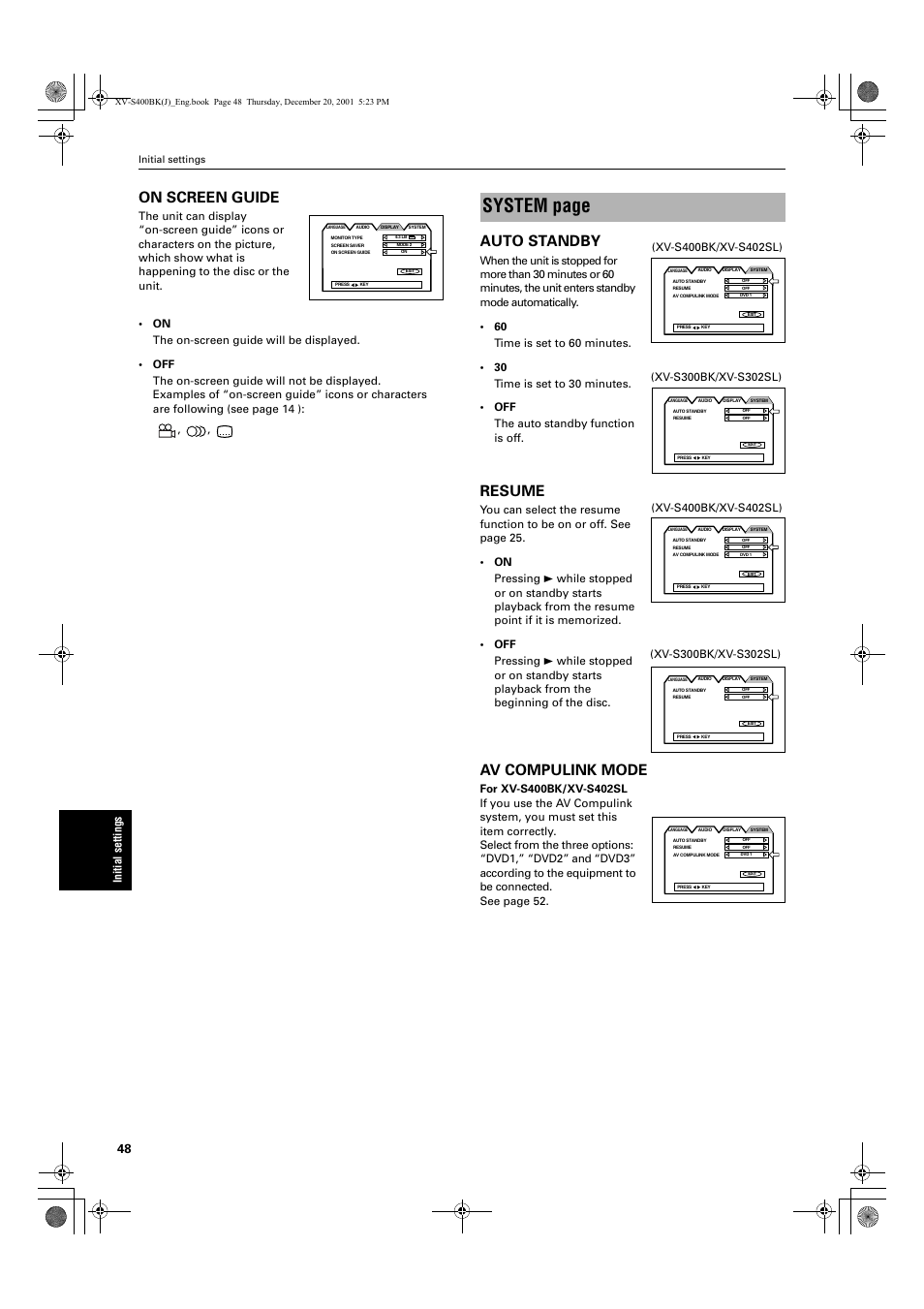 System page, On screen guide, Auto standby | Resume, Av compulink mode, Ini ti a l set tings | JVC XV-S402S FR User Manual | Page 50 / 63