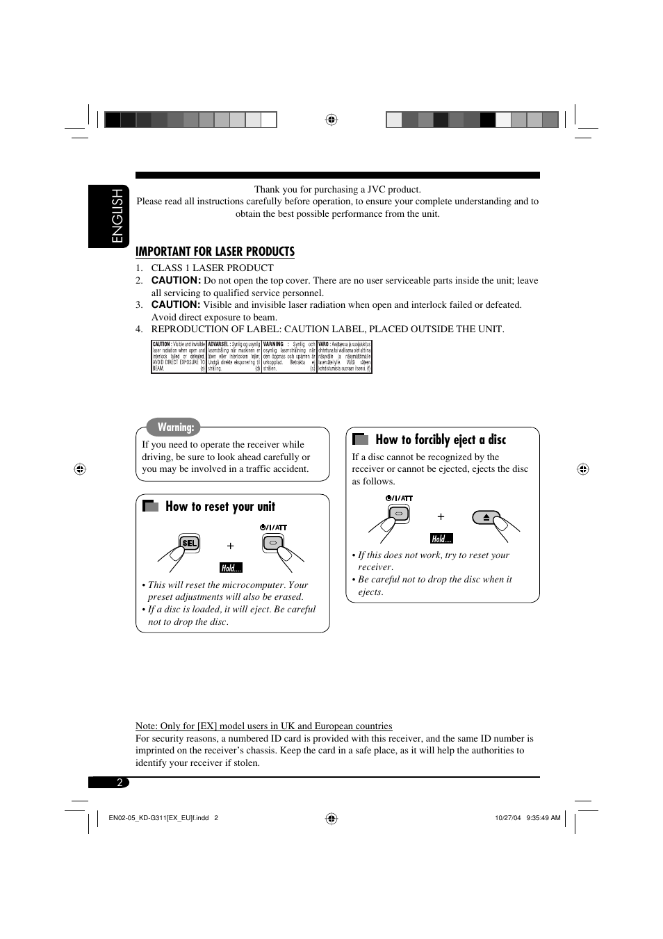 Important for laser products, English, How to reset your unit | How to forcibly eject a disc | JVC GET0260-003B User Manual | Page 2 / 64