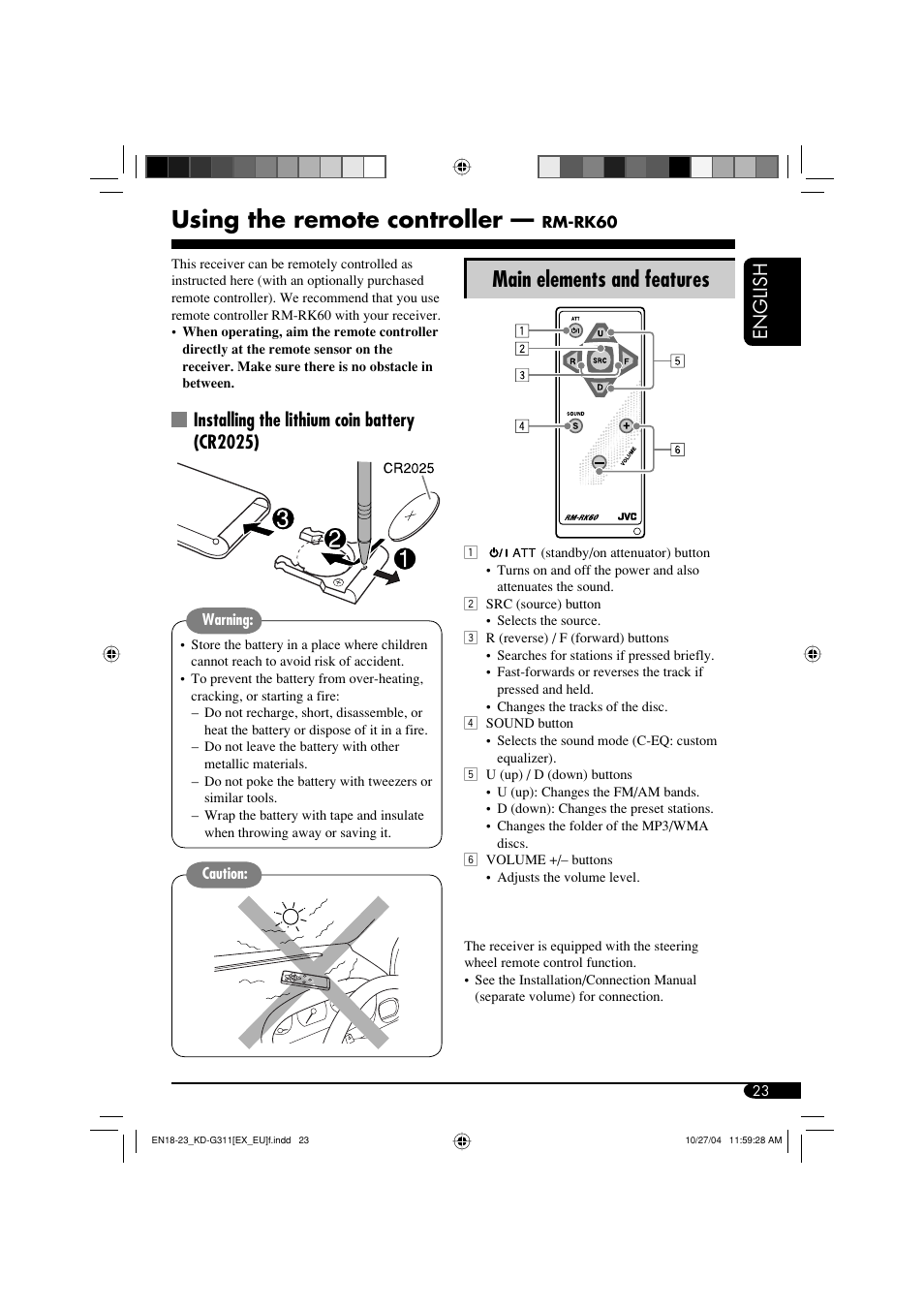 Using the remote controller, Main elements and features, English | Installing the lithium coin battery (cr2025) | JVC GET0260-003B User Manual | Page 23 / 64