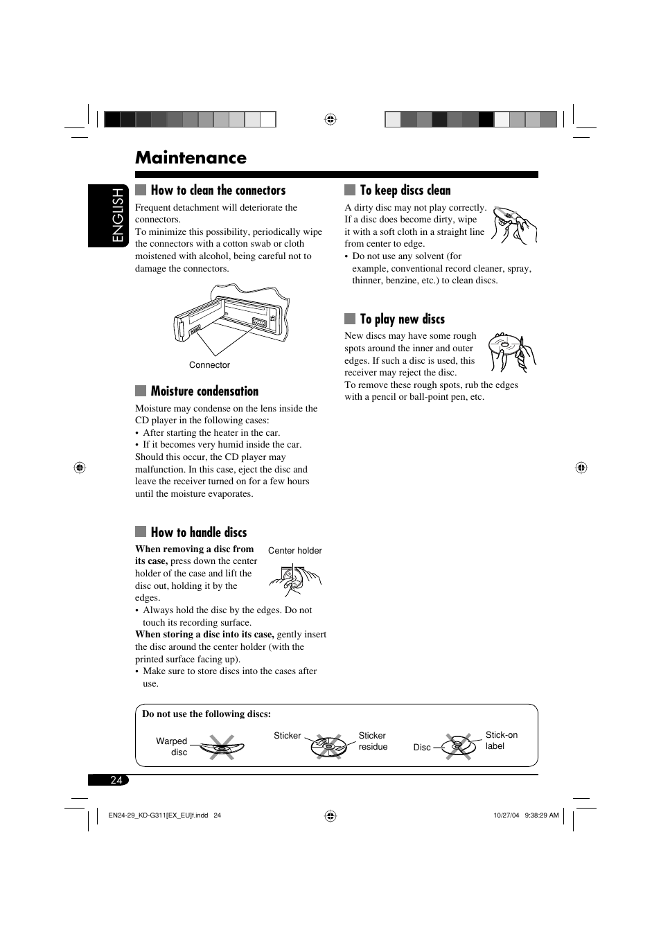 Maintenance, English, How to clean the connectors | Moisture condensation, How to handle discs | JVC GET0260-003B User Manual | Page 24 / 64