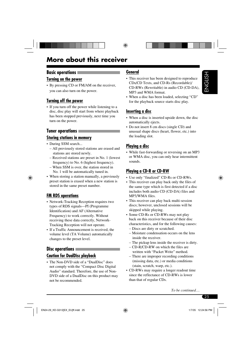 More about this receiver, English, Basic operations | Tuner operations, Disc operations | JVC GET0260-003B User Manual | Page 25 / 64