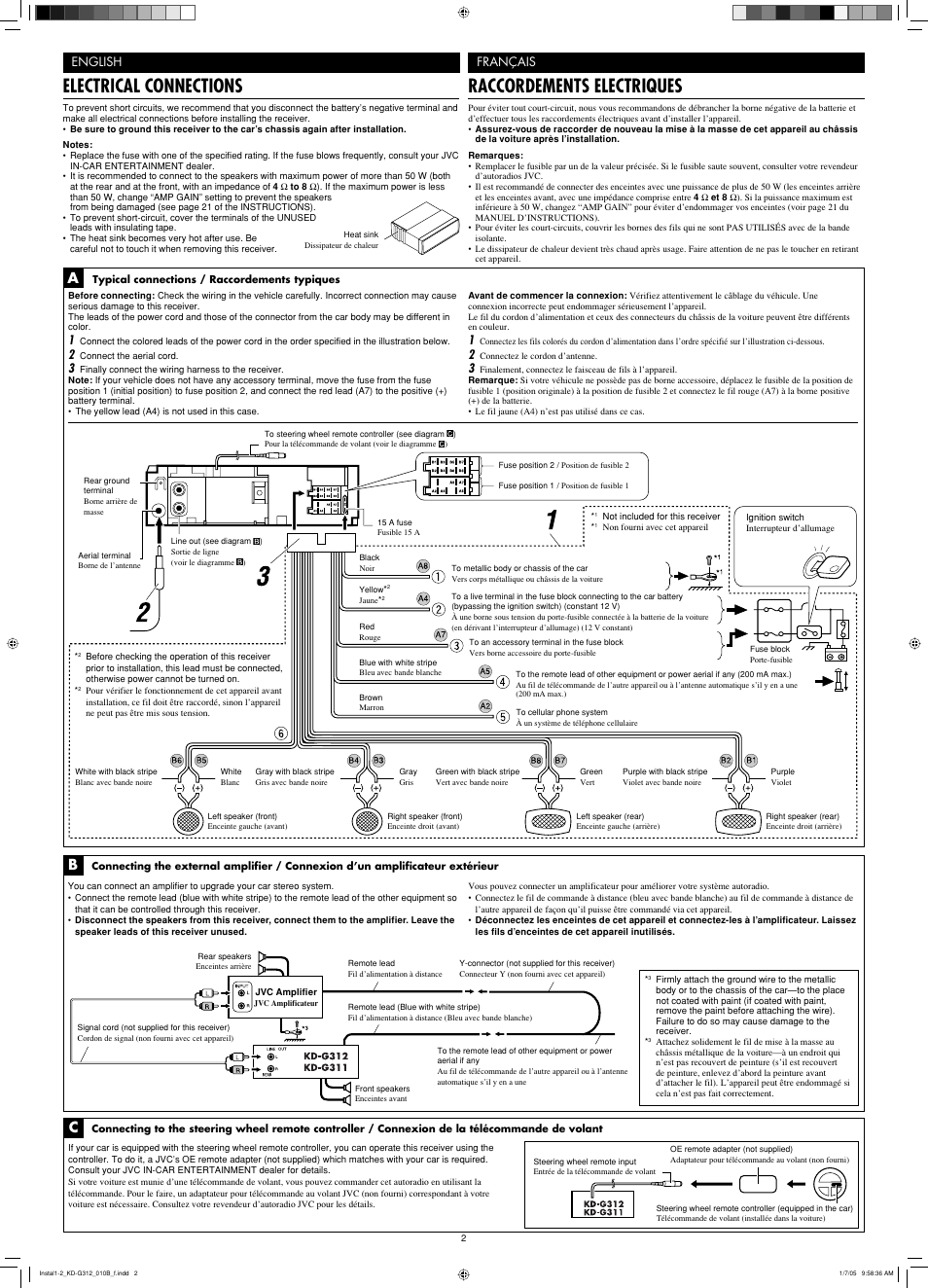 Electrical connections, Raccordements electriques, English français | JVC GET0260-003B User Manual | Page 32 / 64