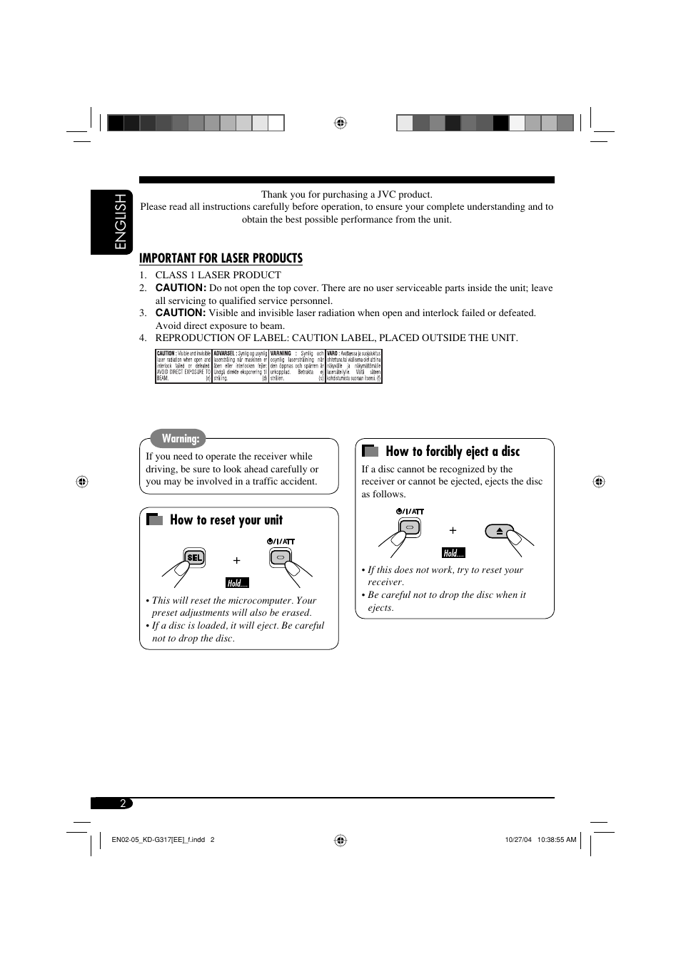 Important for laser products, English, How to reset your unit | How to forcibly eject a disc | JVC GET0260-003B User Manual | Page 34 / 64