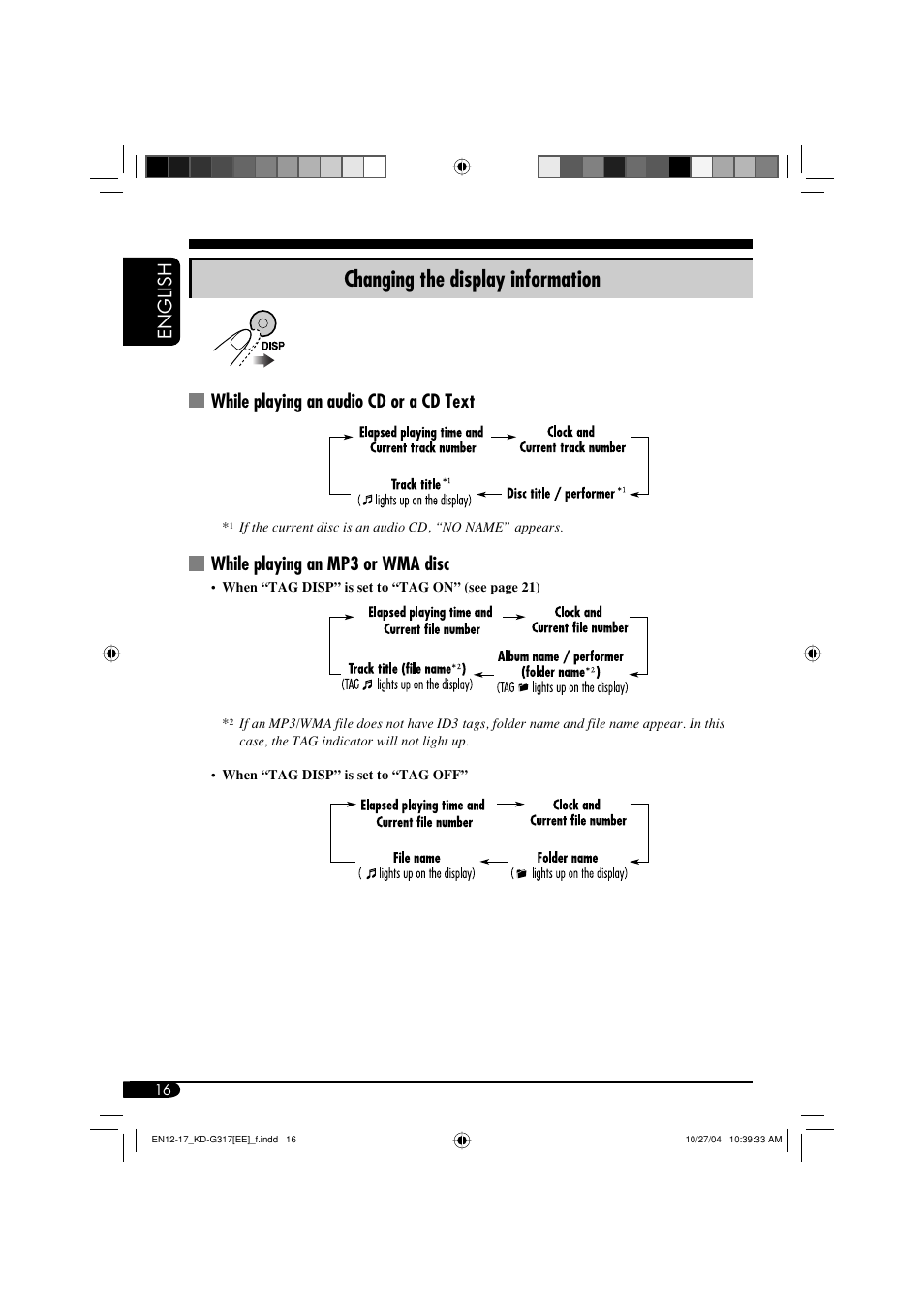 Changing the display information, English, While playing an audio cd or a cd text | While playing an mp3 or wma disc | JVC GET0260-003B User Manual | Page 48 / 64