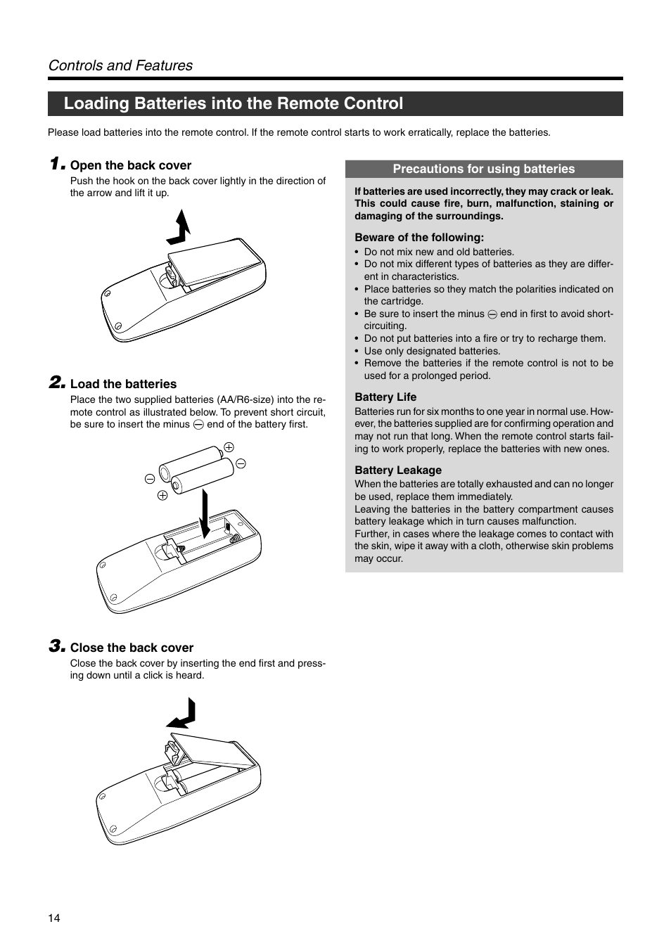 Loading batteries into the remote control, Controls and features | JVC DLA-SX21U User Manual | Page 14 / 58