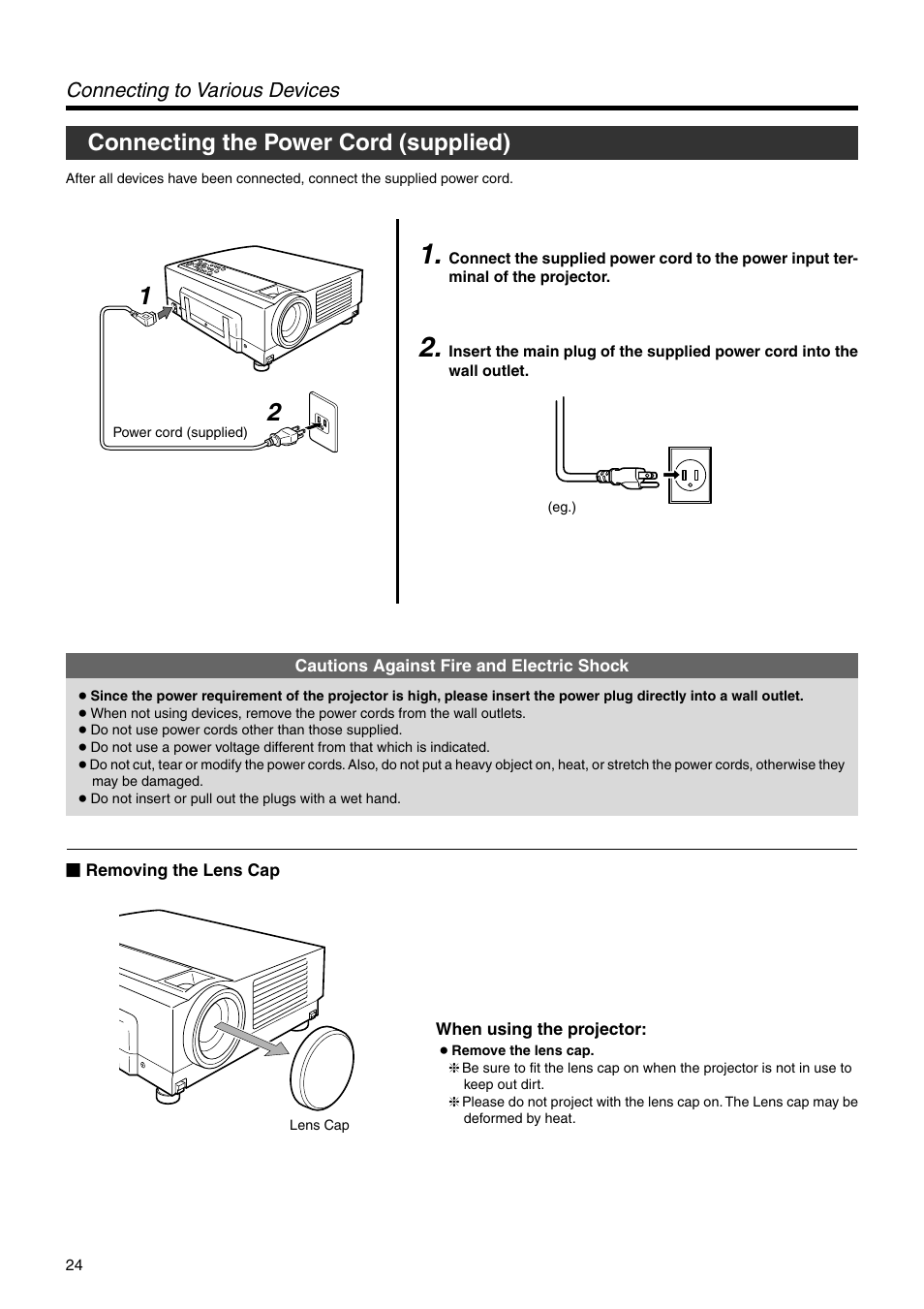 Connecting the power cord (supplied), Connecting to various devices | JVC DLA-SX21U User Manual | Page 24 / 58