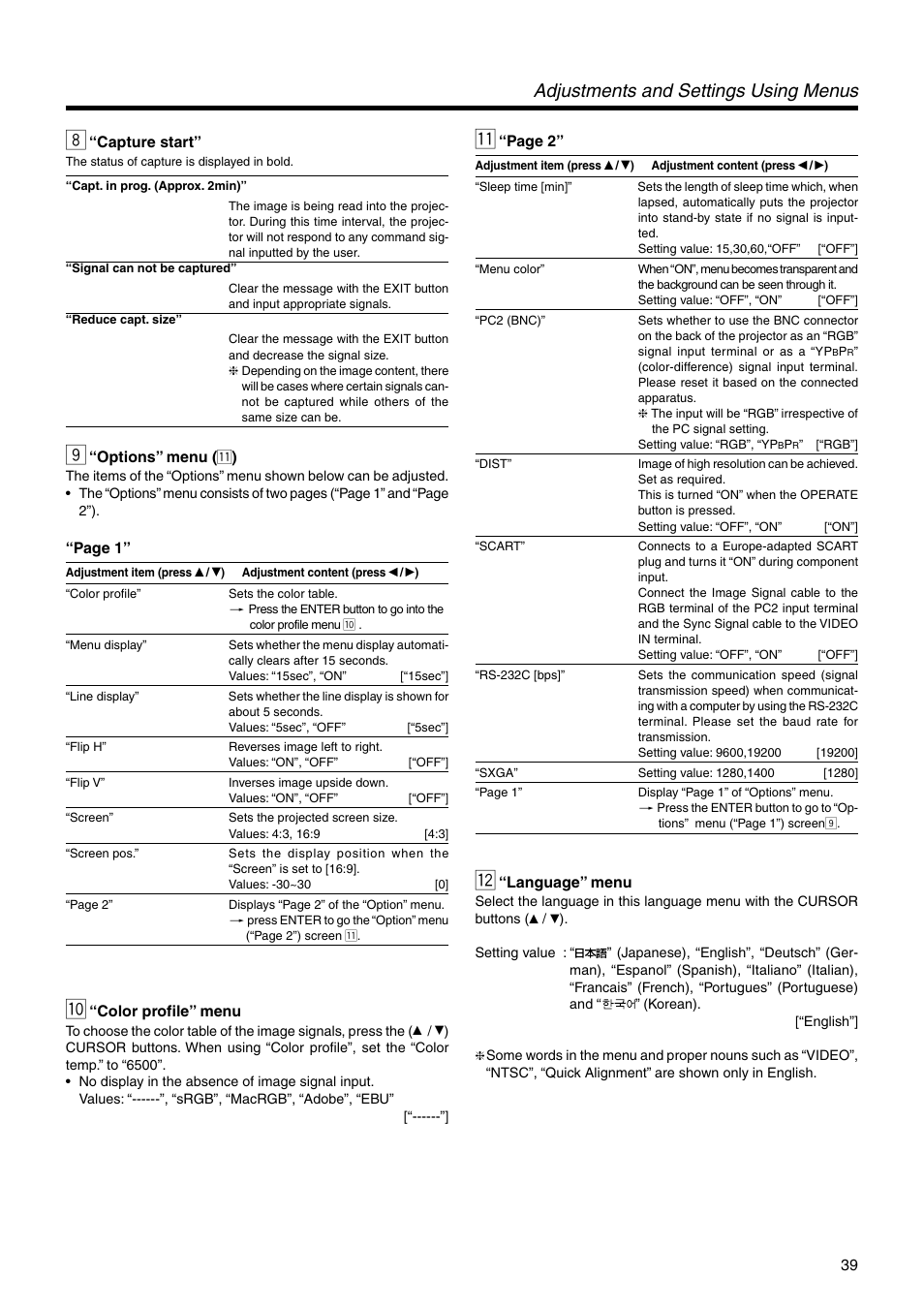 “capture start, “options” menu (11), “color profile” menu | “language” menu, Adjustments and settings using menus | JVC DLA-SX21U User Manual | Page 39 / 58