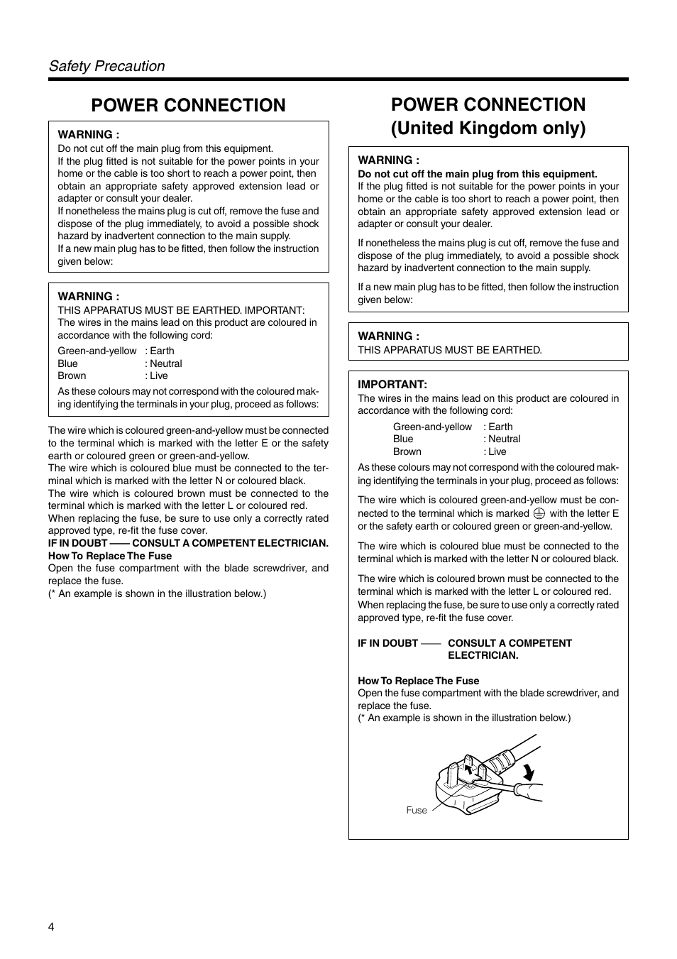 Power connection, Power connection (united kingdom only), Safety precaution | JVC DLA-SX21U User Manual | Page 4 / 58