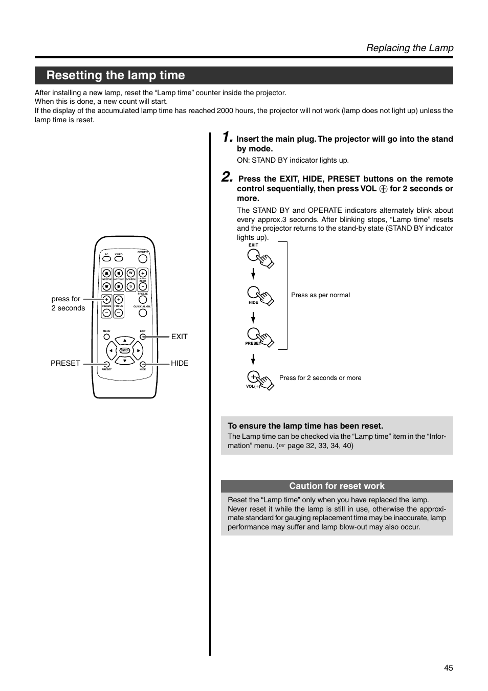 Resetting the lamp time, Replacing the lamp, Caution for reset work | For 2 seconds or more | JVC DLA-SX21U User Manual | Page 45 / 58