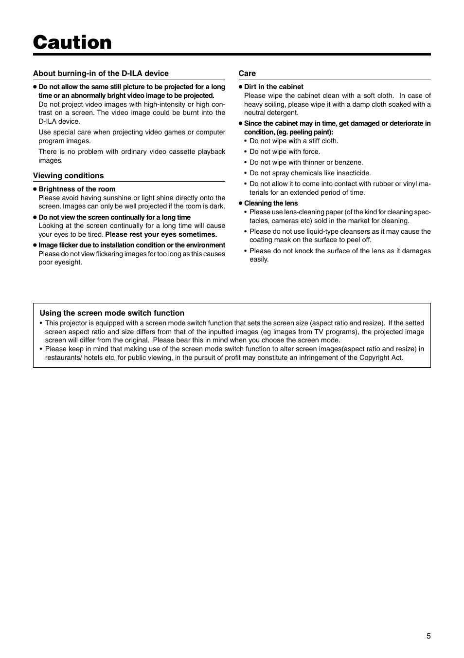 Caution | JVC DLA-SX21U User Manual | Page 5 / 58