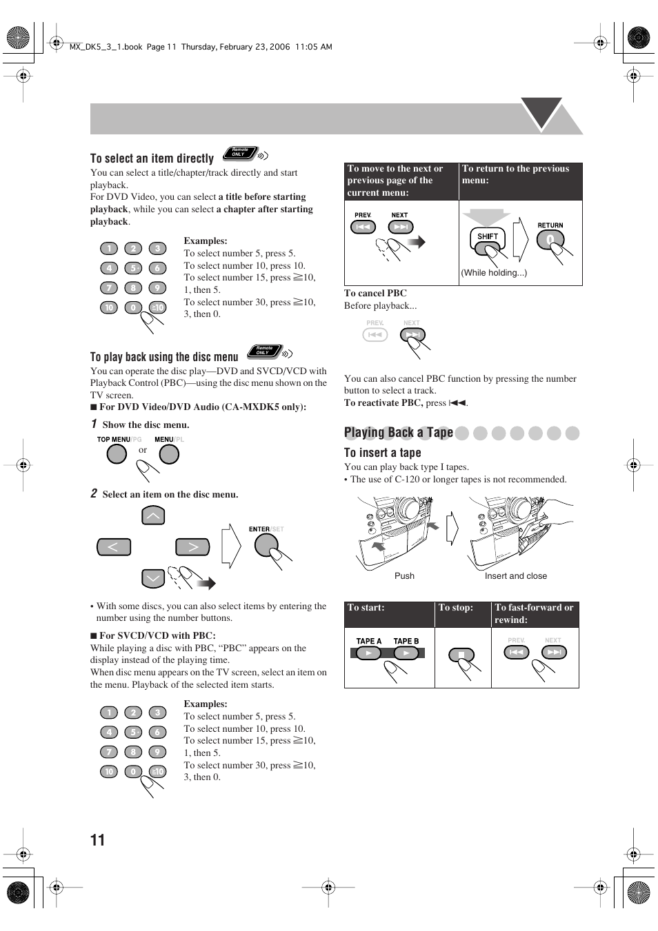 Playing back a tape | JVC CA-MXDK5 User Manual | Page 14 / 48