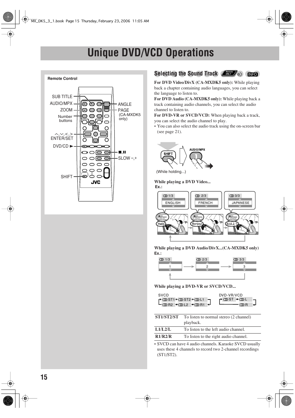 Unique dvd/vcd operations, Selecting the sound track | JVC CA-MXDK5 User Manual | Page 18 / 48