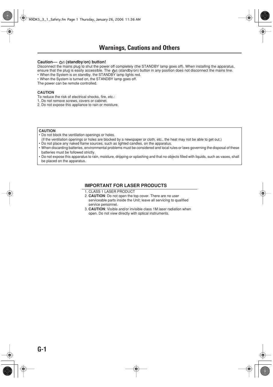 G-1 warnings, cautions and others | JVC CA-MXDK5 User Manual | Page 2 / 48