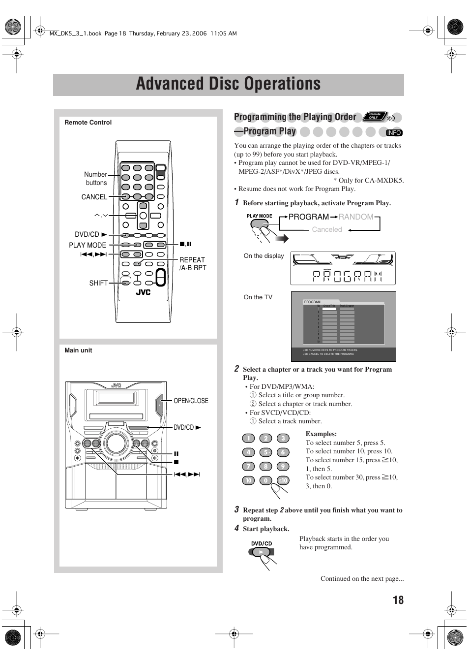 Advanced disc operations, Programming the playing order —program play | JVC CA-MXDK5 User Manual | Page 21 / 48