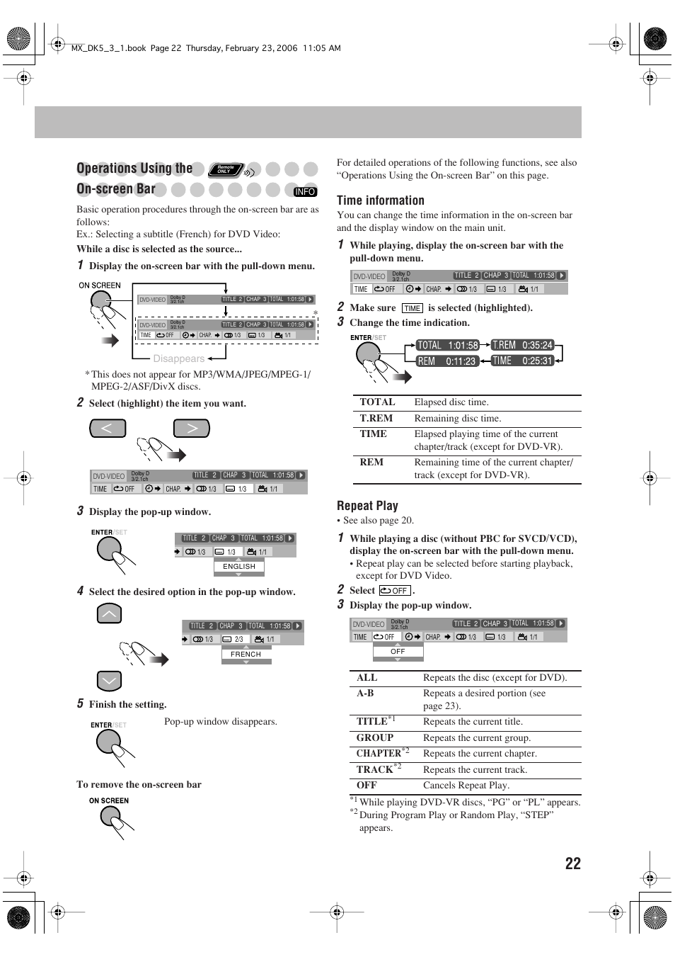 Operations using the on-screen bar, Time information, Repeat play | JVC CA-MXDK5 User Manual | Page 25 / 48