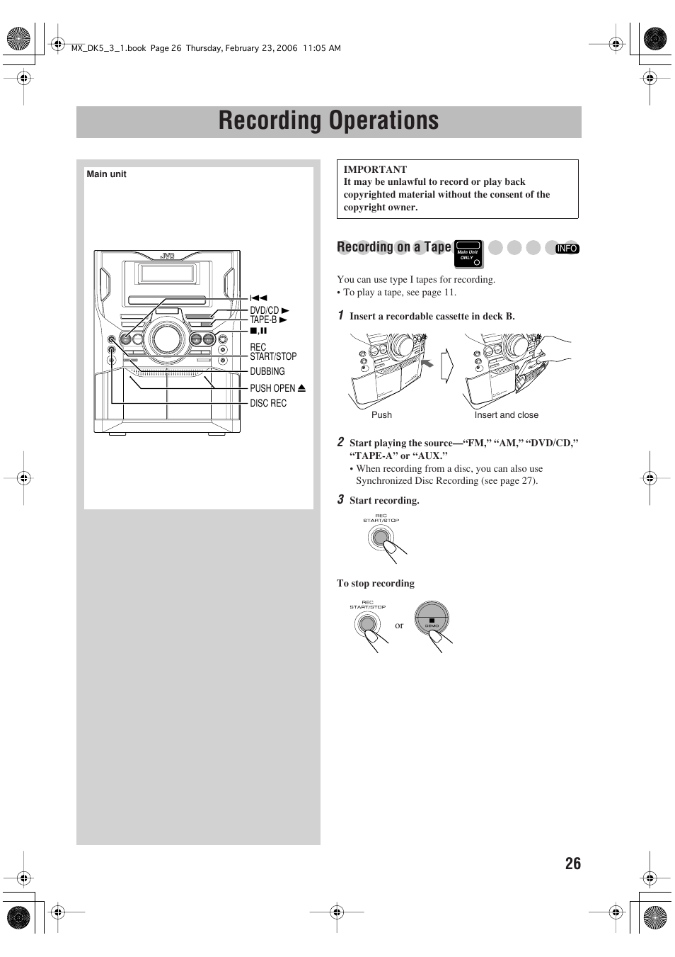 Recording operations, Recording on a tape | JVC CA-MXDK5 User Manual | Page 29 / 48