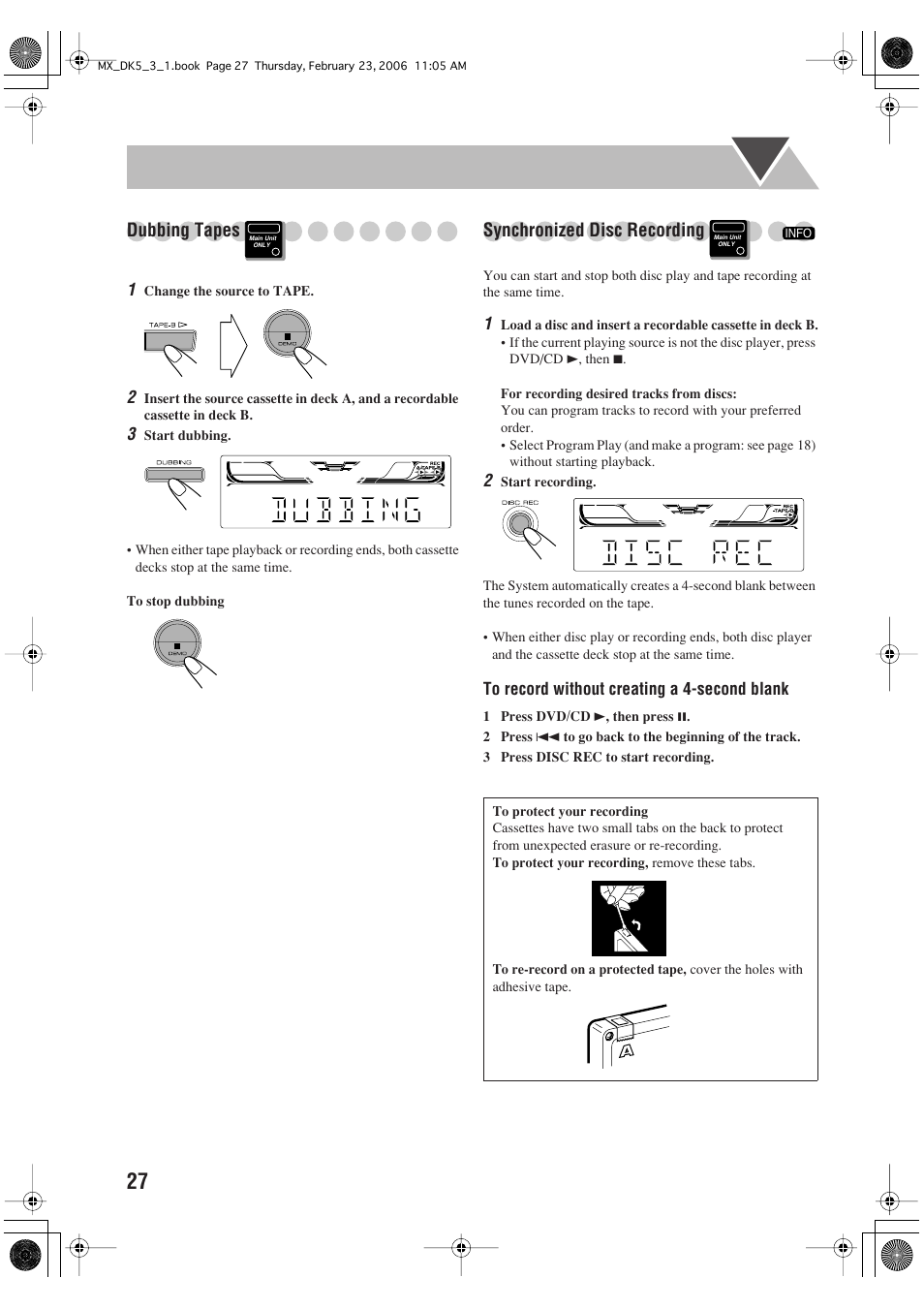 Dubbing tapes, Synchronized disc recording | JVC CA-MXDK5 User Manual | Page 30 / 48