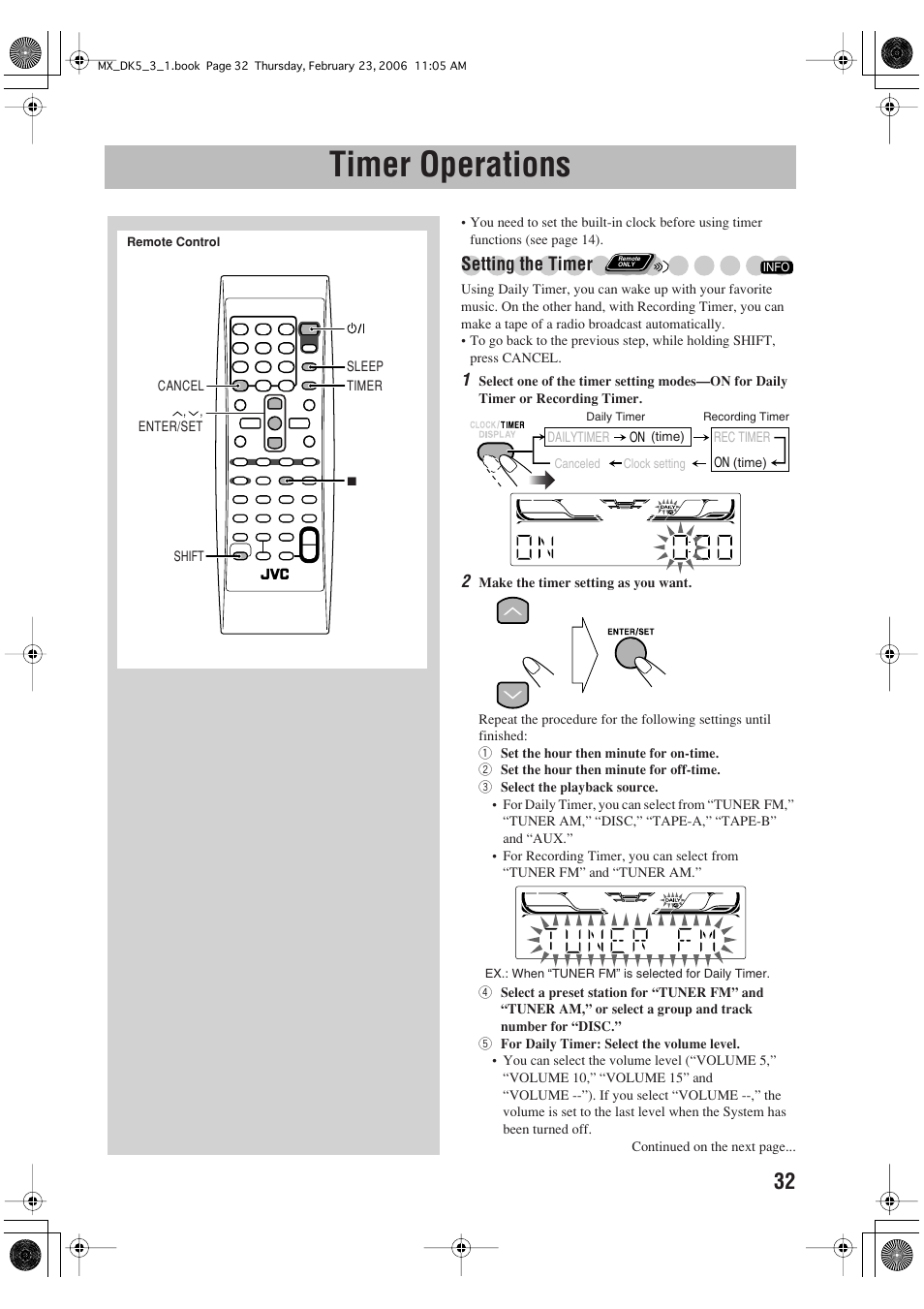 Timer operations, Setting the timer | JVC CA-MXDK5 User Manual | Page 35 / 48