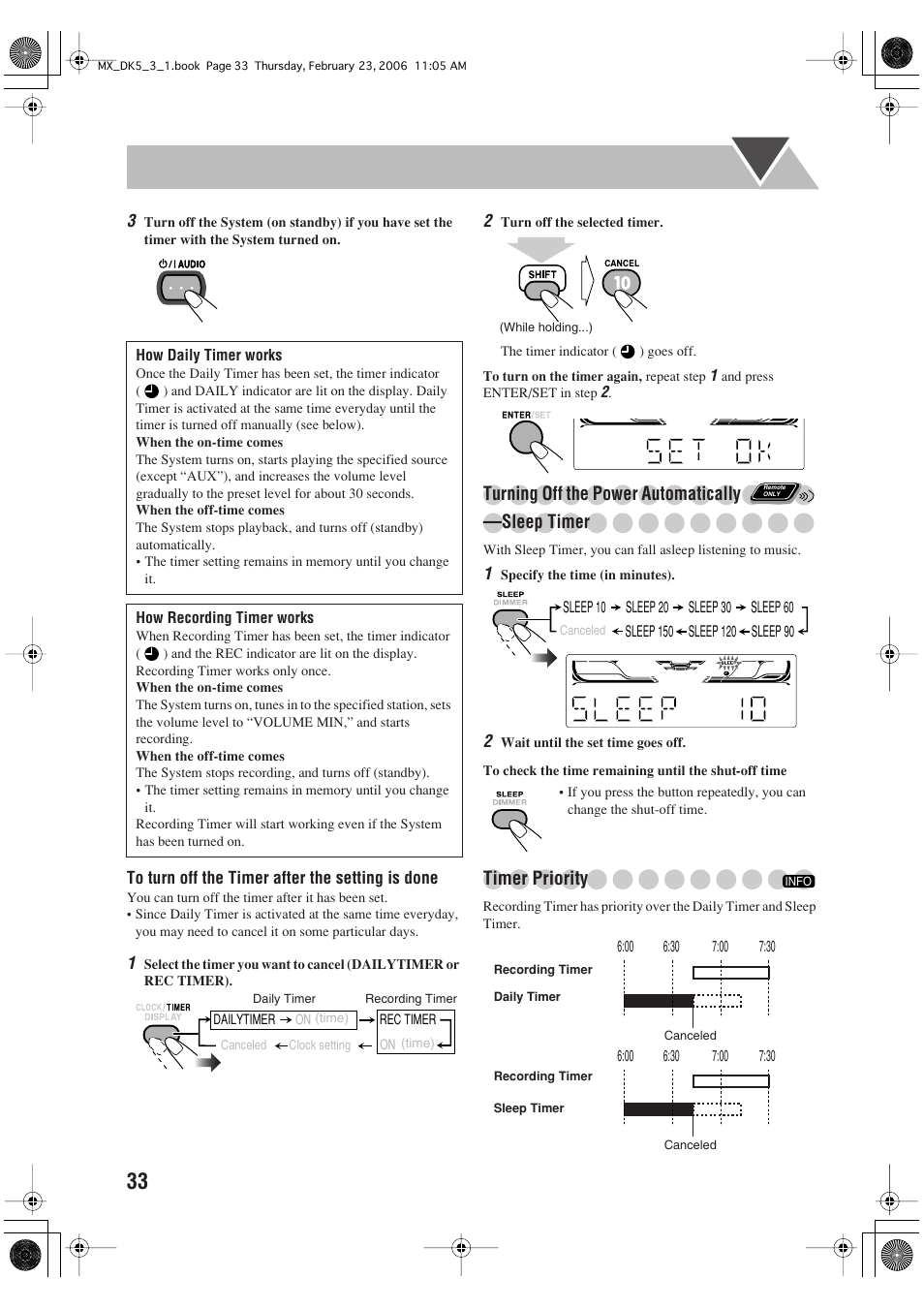 Turning off the power automatically, Sleep timer, Timer priority | JVC CA-MXDK5 User Manual | Page 36 / 48
