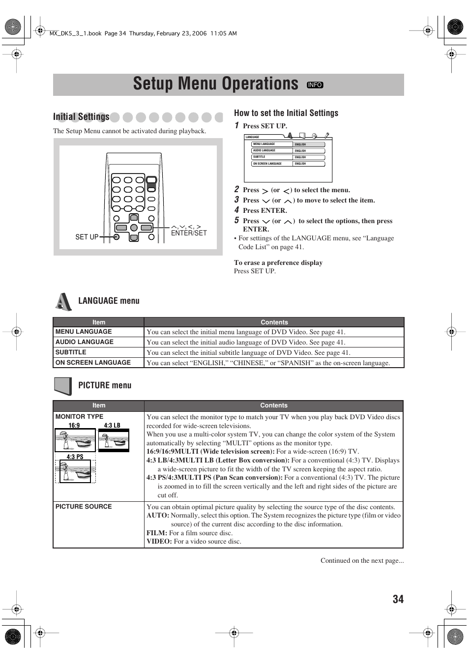 Setup menu operations, Initial settings | JVC CA-MXDK5 User Manual | Page 37 / 48