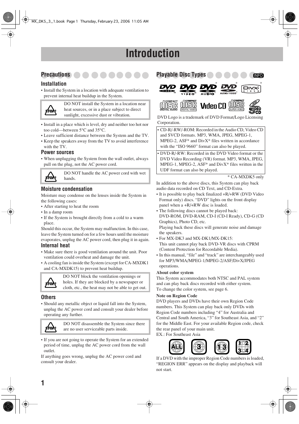 Introduction, Precautions, Playable disc types | JVC CA-MXDK5 User Manual | Page 4 / 48