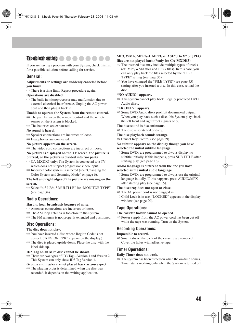 Troubleshooting | JVC CA-MXDK5 User Manual | Page 43 / 48