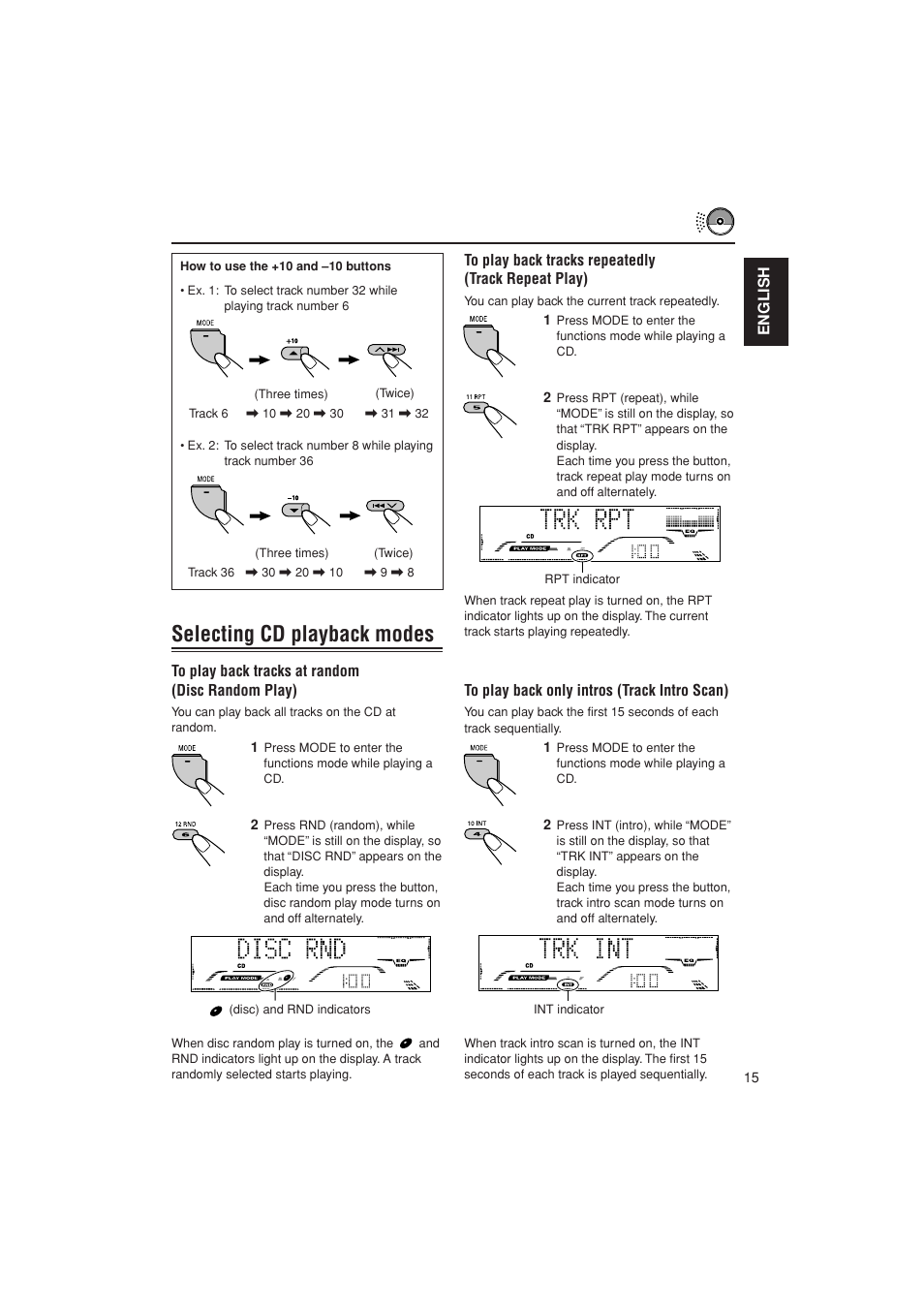 Random play, Repeat play, Track intro scan | Selecting cd playback modes | JVC KD-G700 User Manual | Page 15 / 66