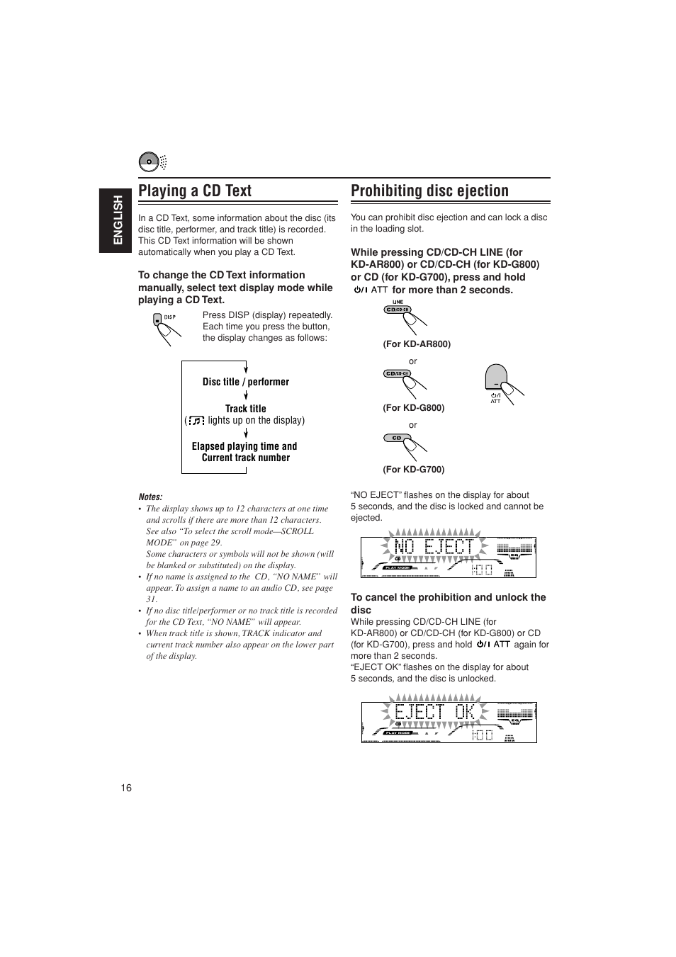 Cd text, Eject prohibit, Prohibiting disc ejection | Playing a cd text | JVC KD-G700 User Manual | Page 16 / 66