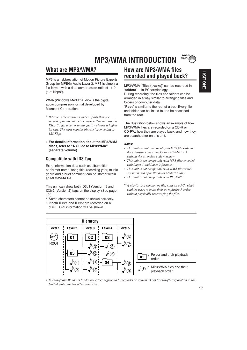 Mp3 / wma info, Mp3/wma introduction, What are mp3/wma | How are mp3/wma files recorded and played back, Compatible with id3 tag | JVC KD-G700 User Manual | Page 17 / 66